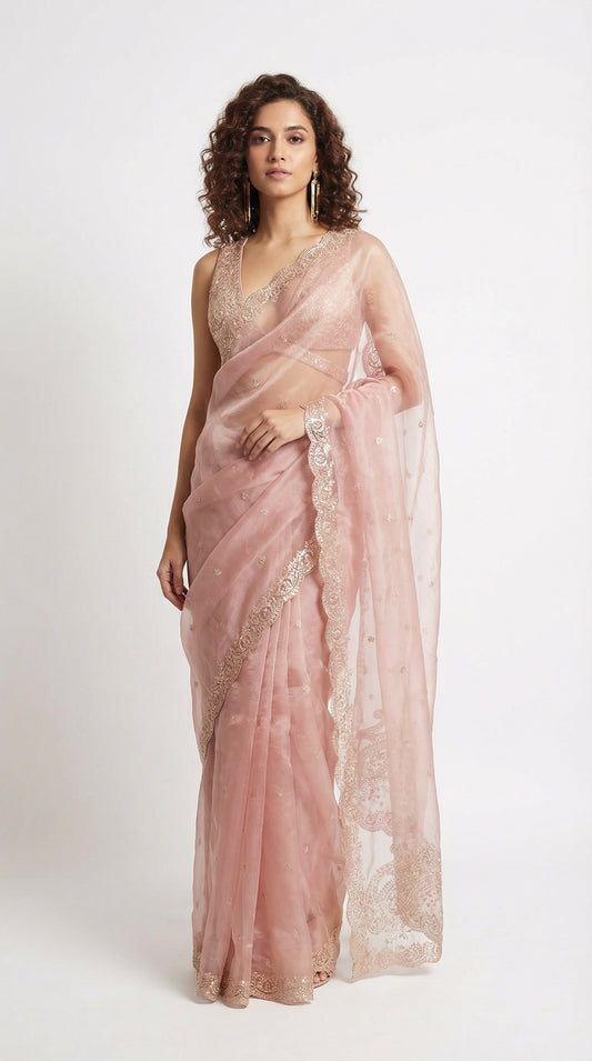 Dusty Rose Organza Saree with Intricate Scalloped Cutwork