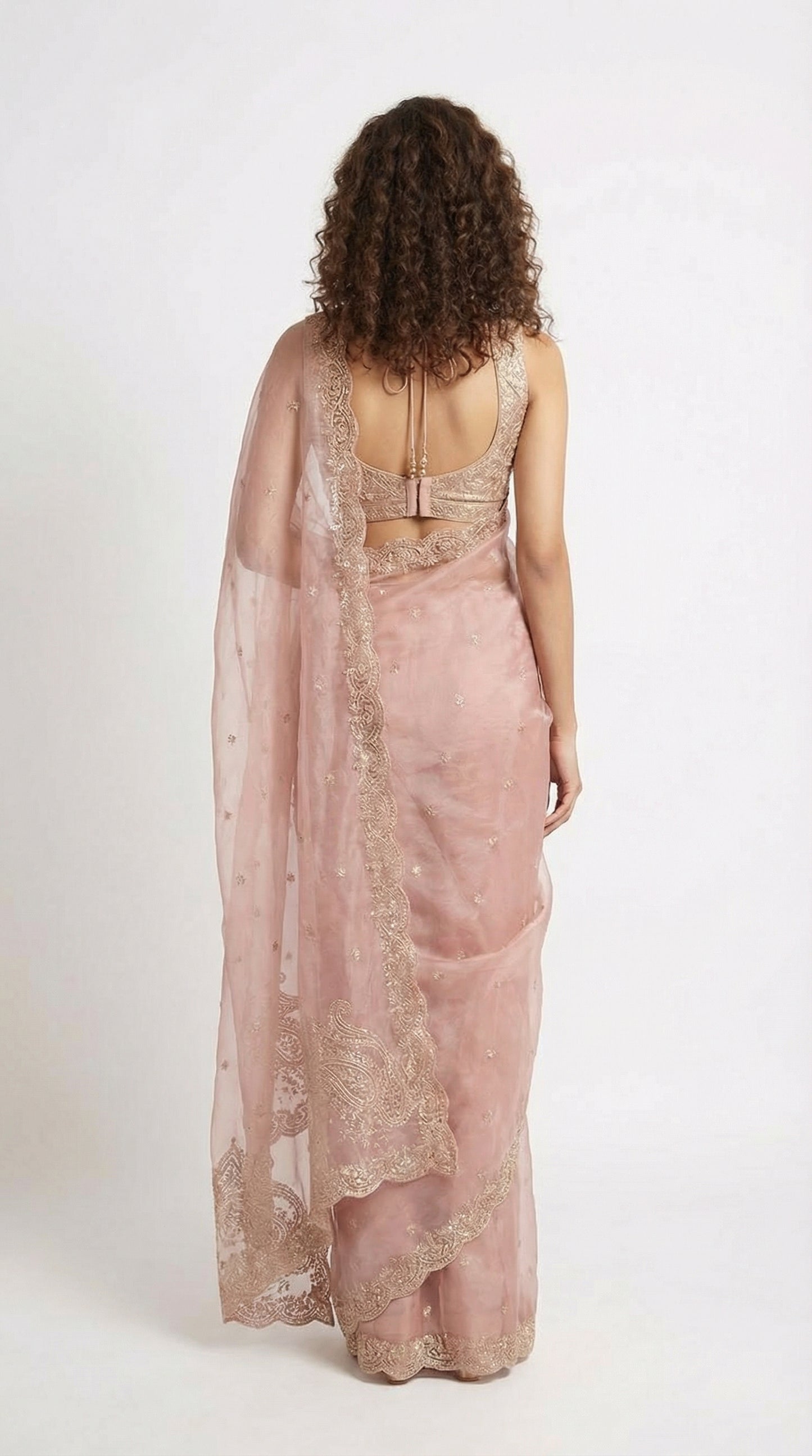 Dusty Rose Organza Saree with Intricate Scalloped Cutwork