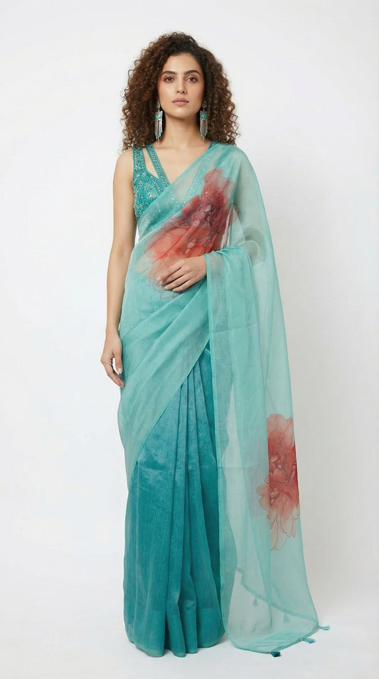 Tropical Azure Digital Print Organza Drape