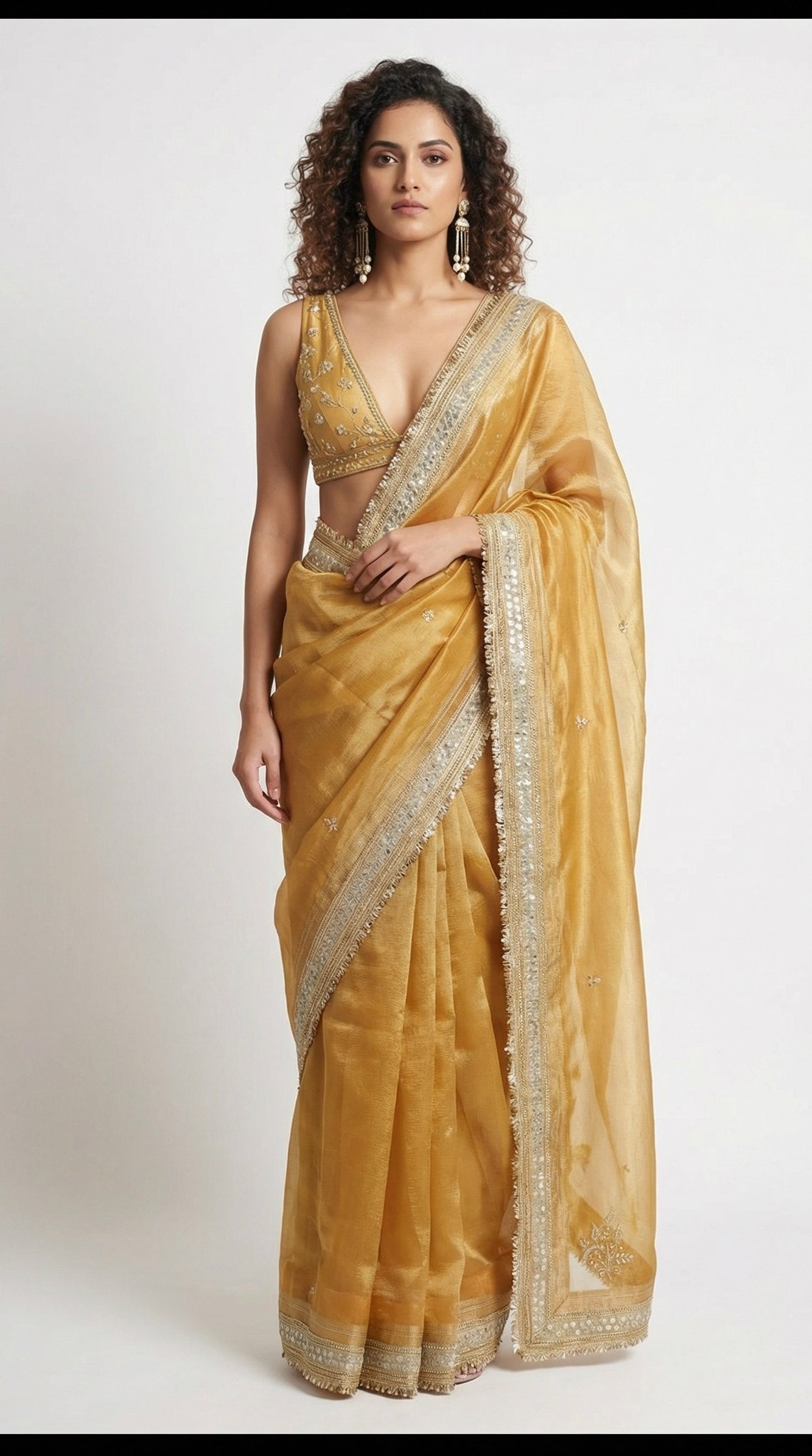 Sun-Kissed Amber Viscose Drape with Hand-Embroidered Accents