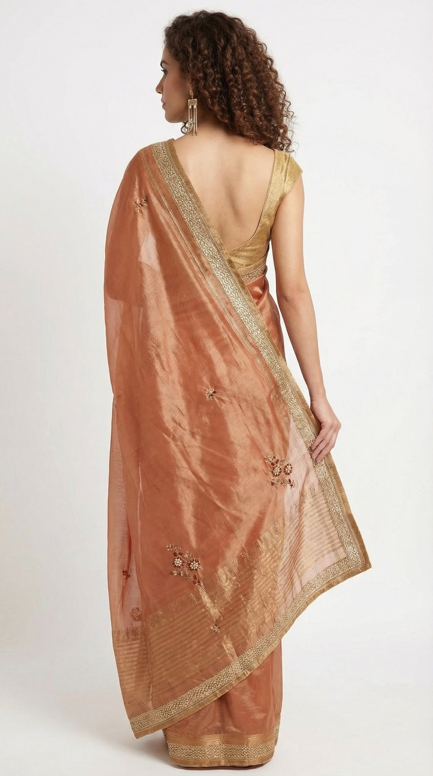 Bronze Metallic Viscose Saree with Intricate Golden Lace Border
