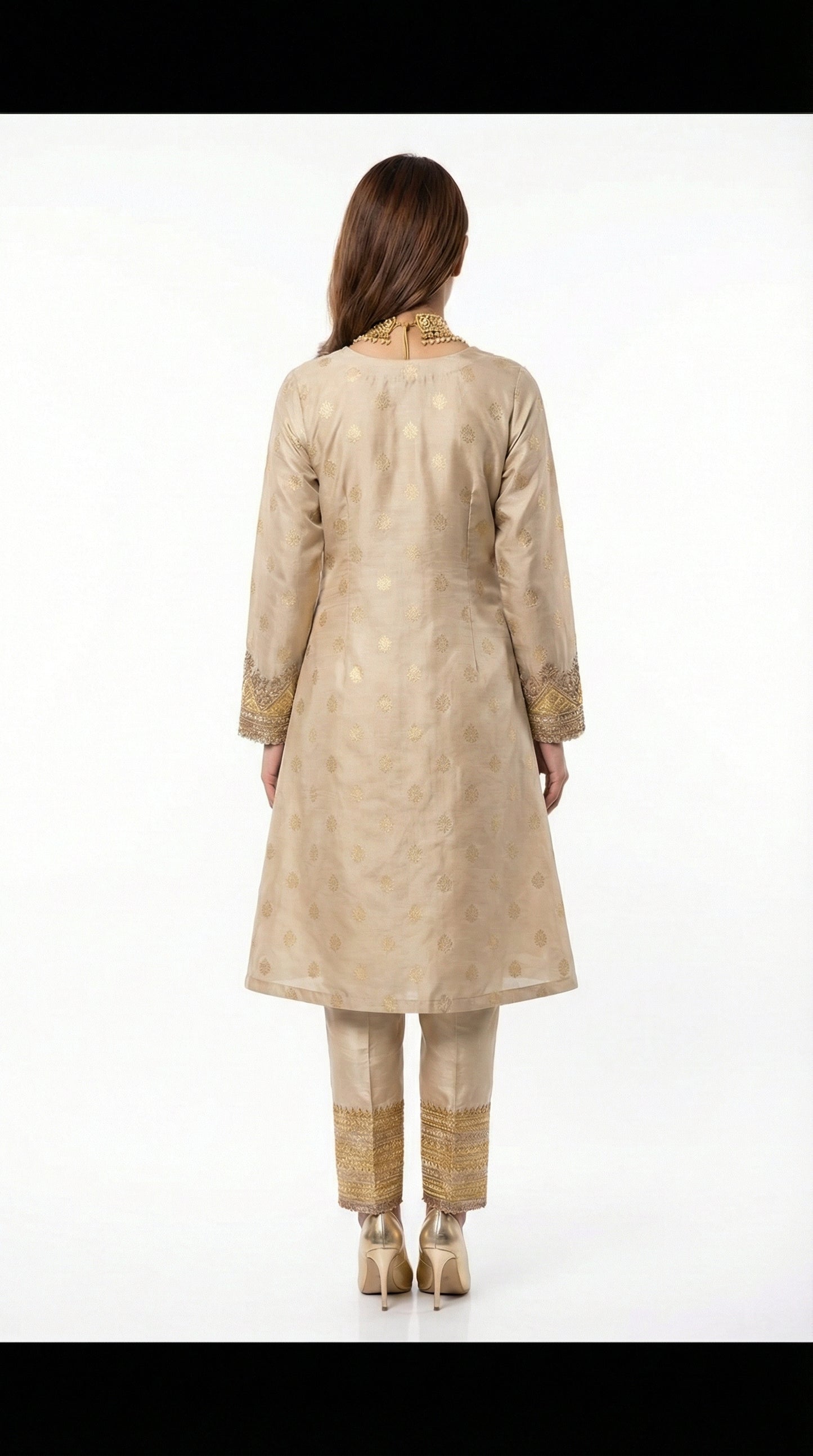Champagne Gold Metallic Tissue Ensemble with Zari Embroidery