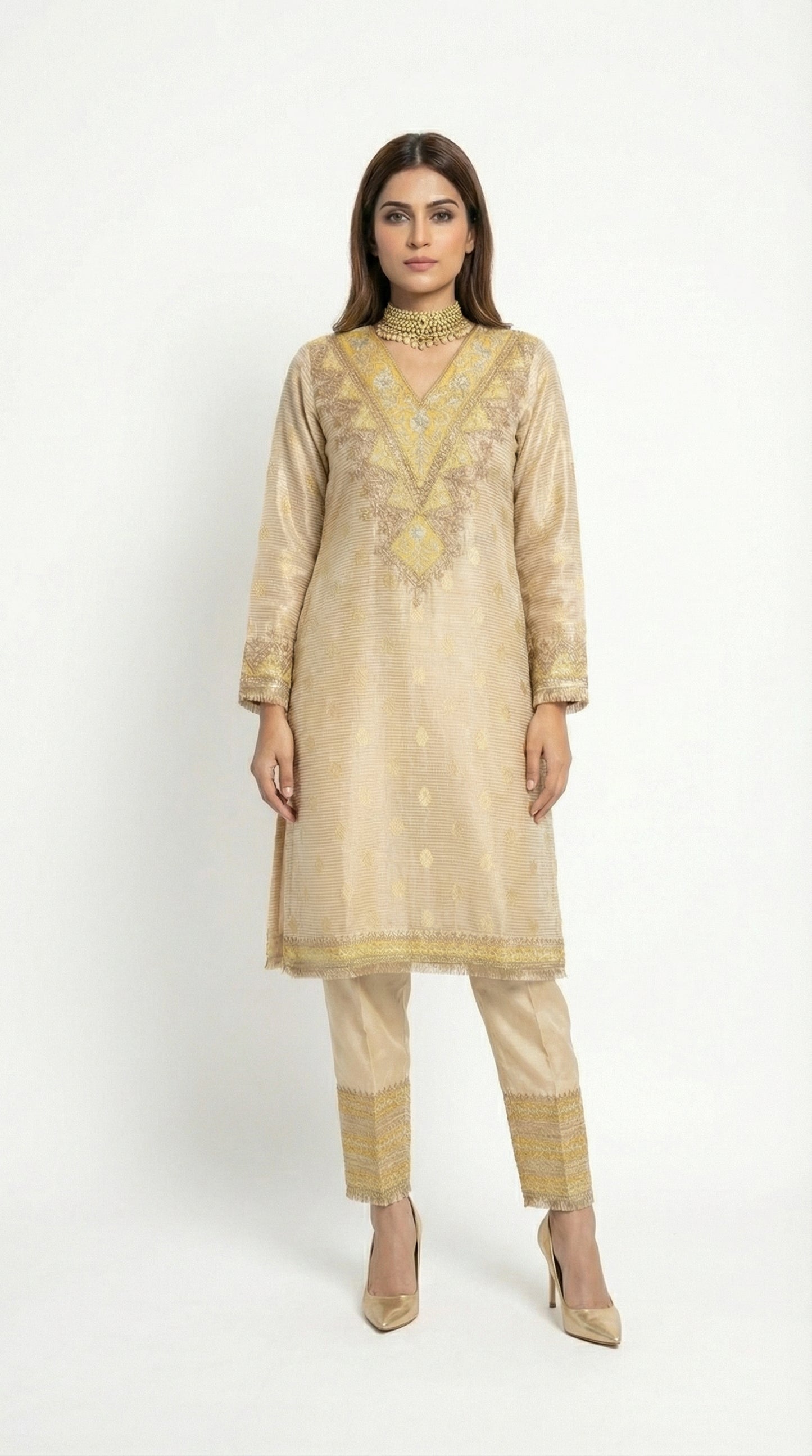 Champagne Gold Metallic Tissue Ensemble with Zari Embroidery