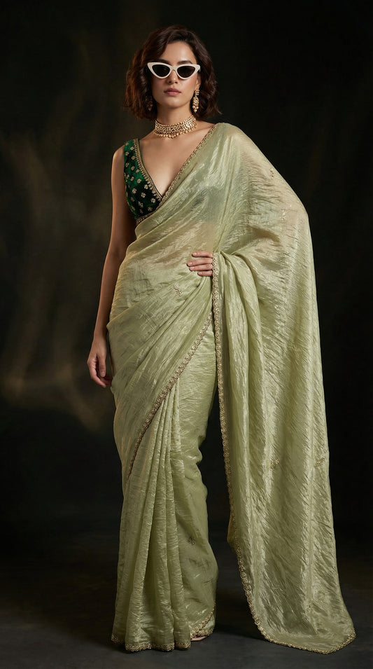 Pistachio Lustre Saree in Premium Crushed Tissue