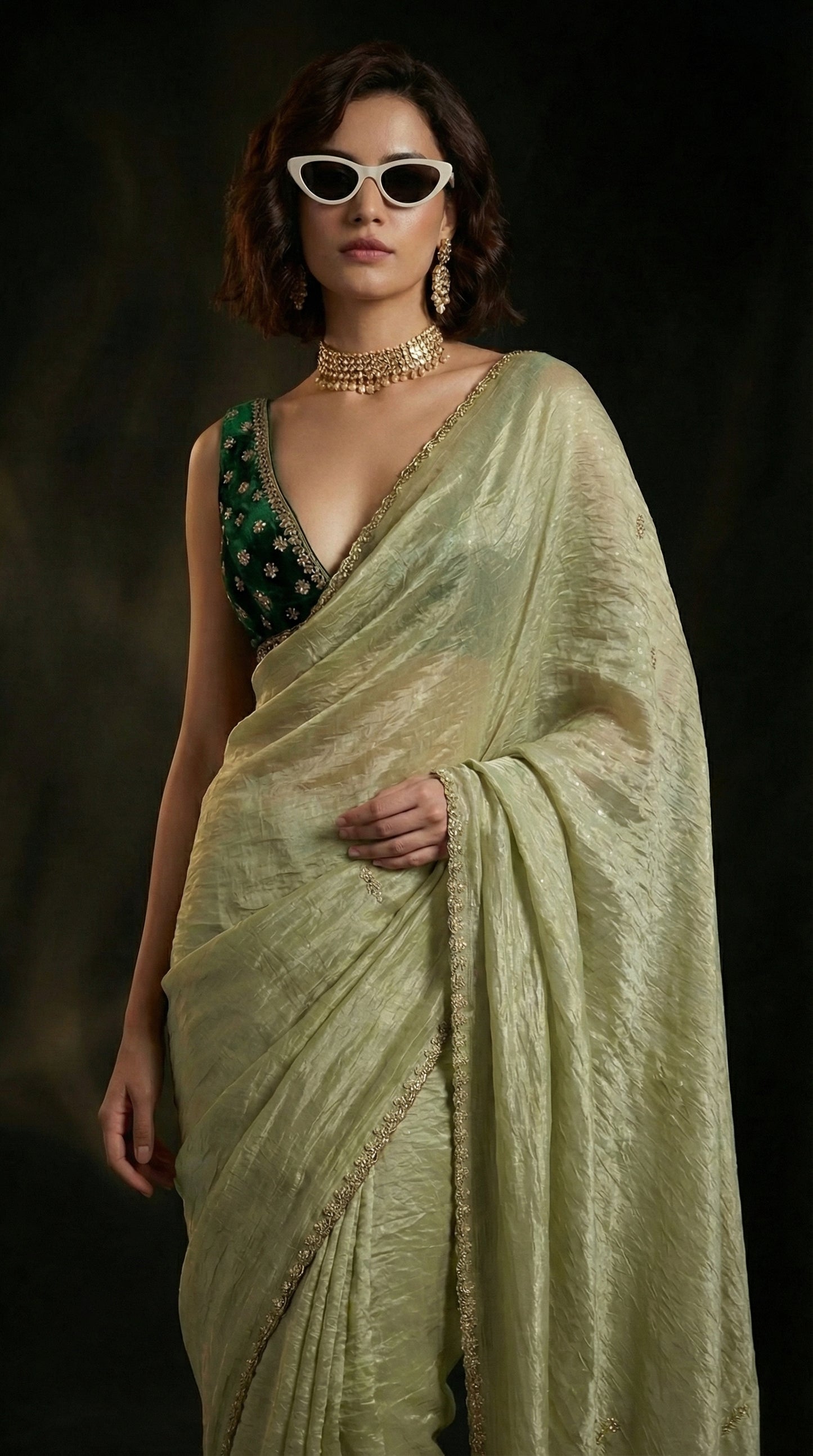 Pistachio Lustre Saree in Premium Crushed Tissue