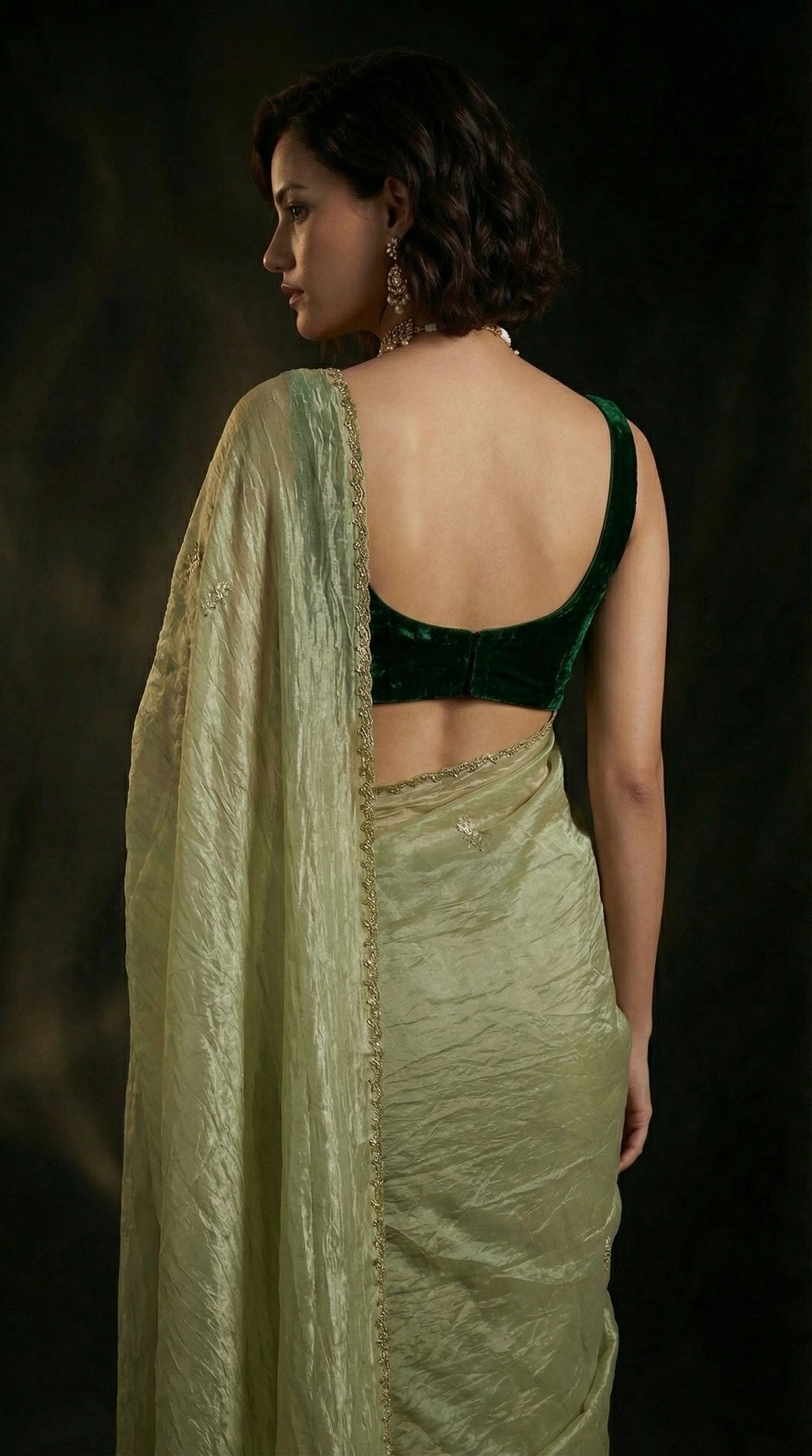 Pistachio Lustre Saree in Premium Crushed Tissue