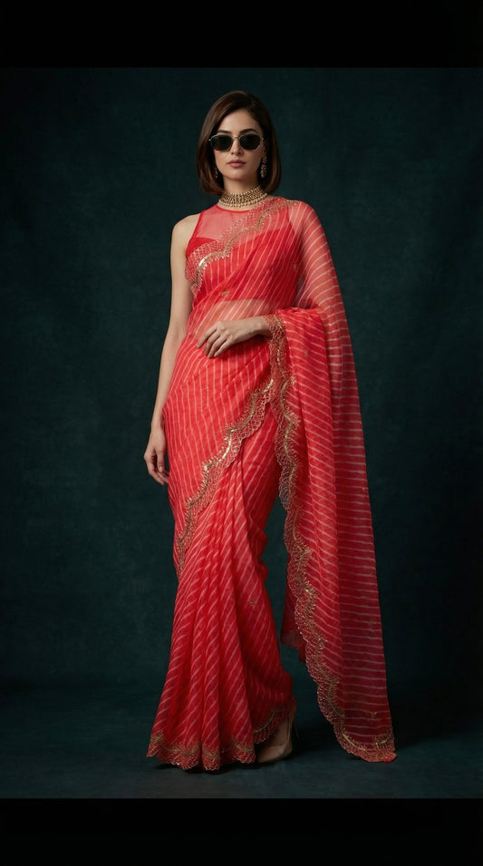 Red Leheriya Organza Saree with Hand-Finished Cutwork