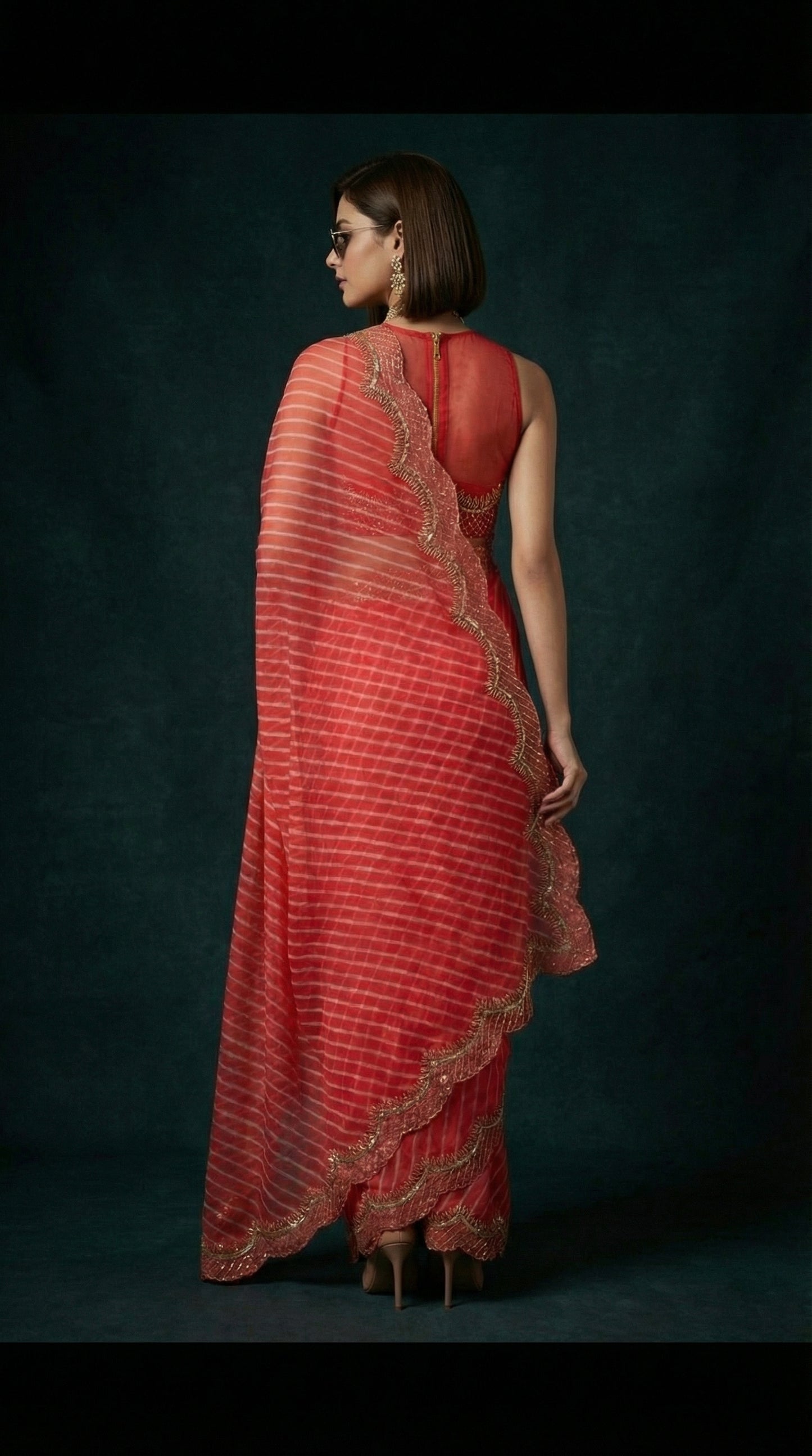 Red Leheriya Organza Saree with Hand-Finished Cutwork