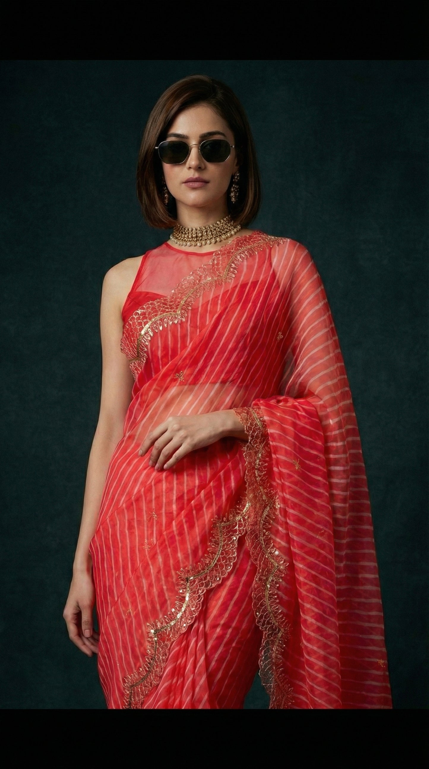 Red Leheriya Organza Saree with Hand-Finished Cutwork