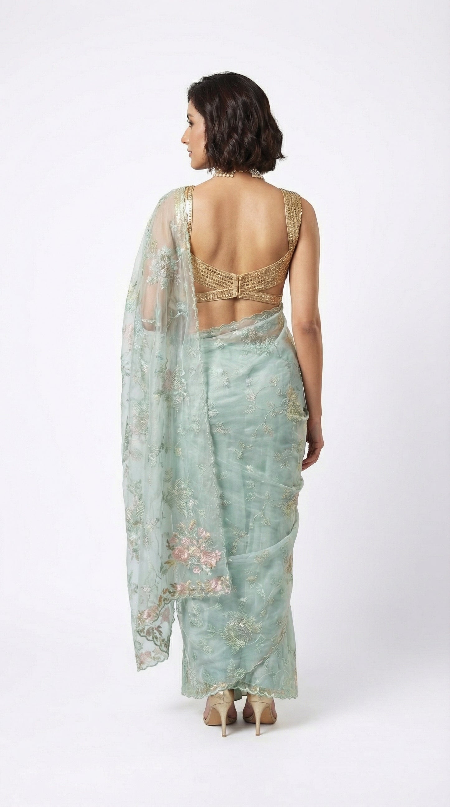 Seafoam Radiance Glass Tissue Drape with Scalloped Cutwork