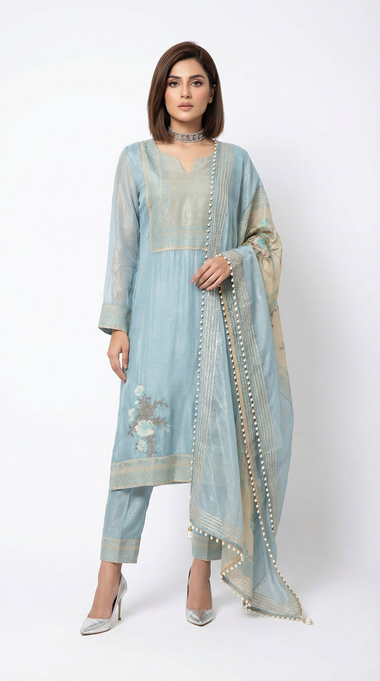 Icy Azure Shimmer Organza Tissue Set with Pearl-Accented Dupatta