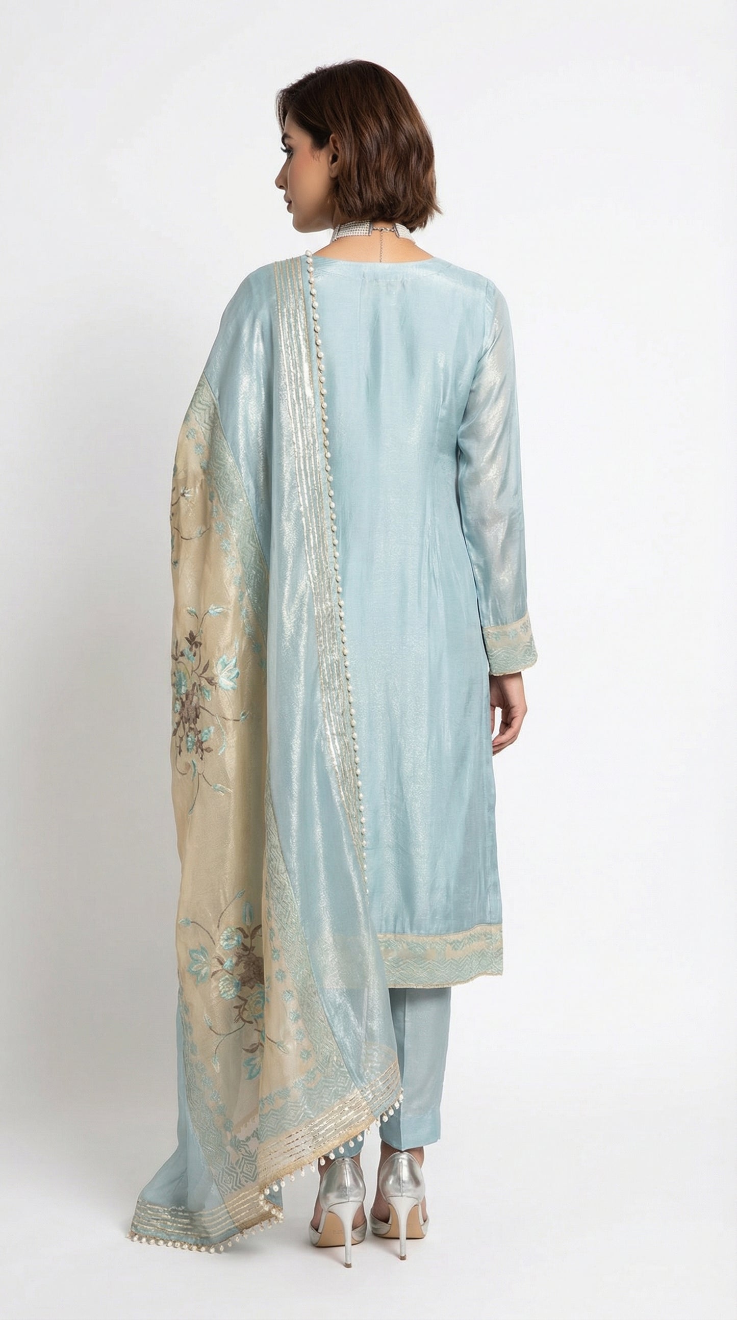 Icy Azure Shimmer Organza Tissue Set with Pearl-Accented Dupatta