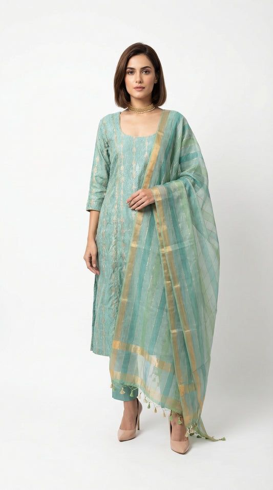 Seafoam Maheshwari Silk Kurta Set with Gilded Striped Dupatta