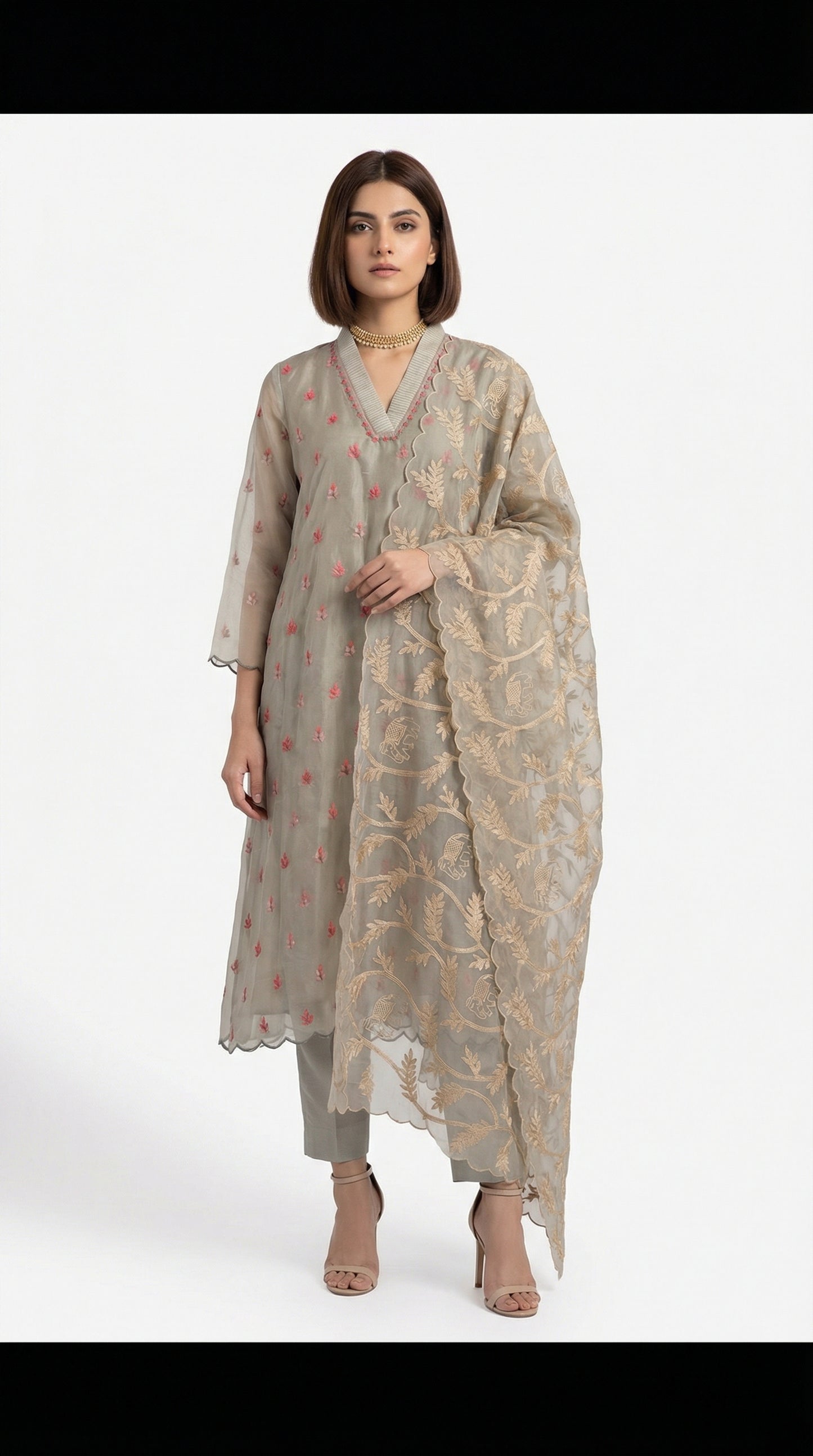 Ash Grey Chanderi Embroidered Kurta Set with Scalloped Organza Dupatta