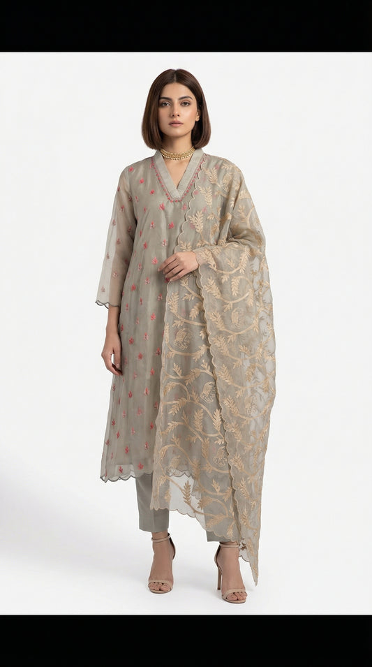 Ash Grey Chanderi Embroidered Kurta Set with Scalloped Organza Dupatta
