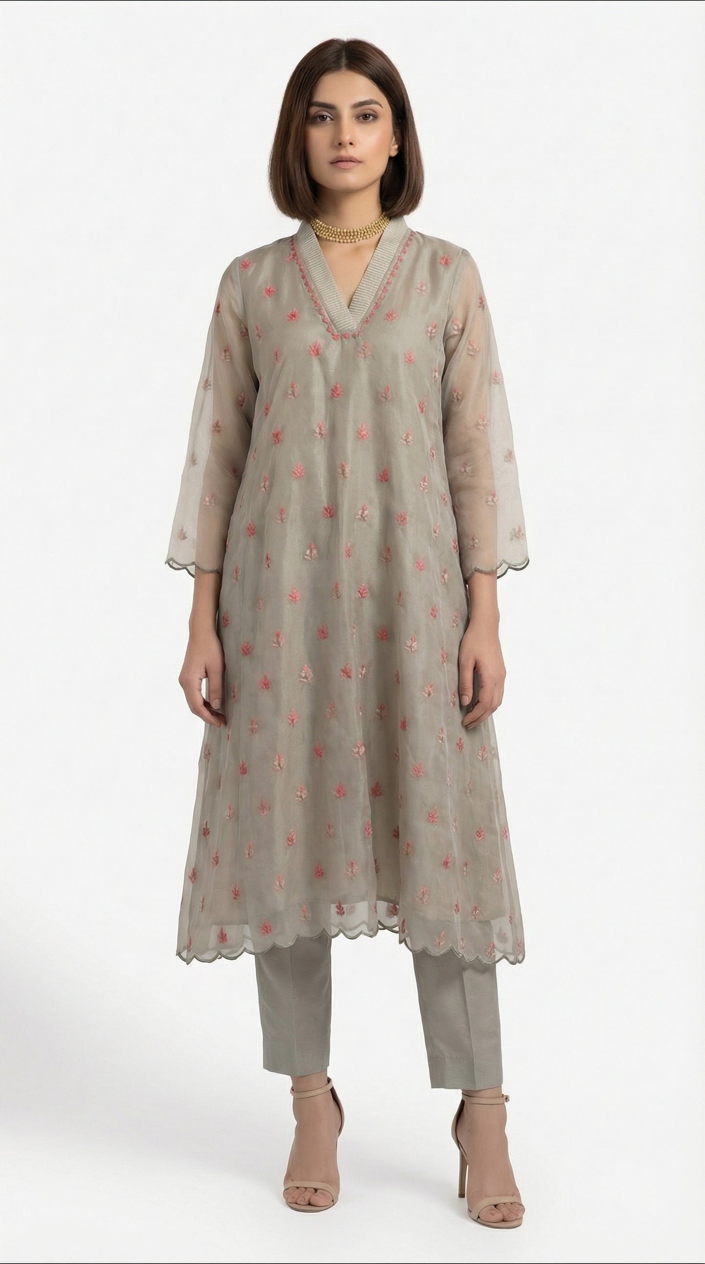 Ash Grey Chanderi Embroidered Kurta Set with Scalloped Organza Dupatta