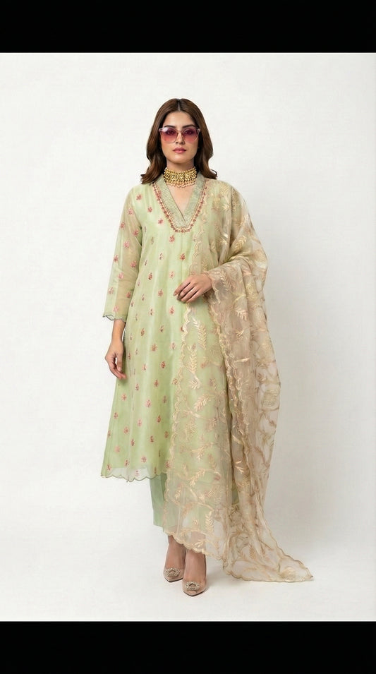 Ethereal Green Chanderi Silk Set with Gold-Accented Dupatta