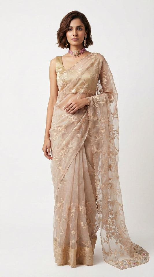 Champagne Gold Glass Tissue Saree with Scalloped Embroidered Borders