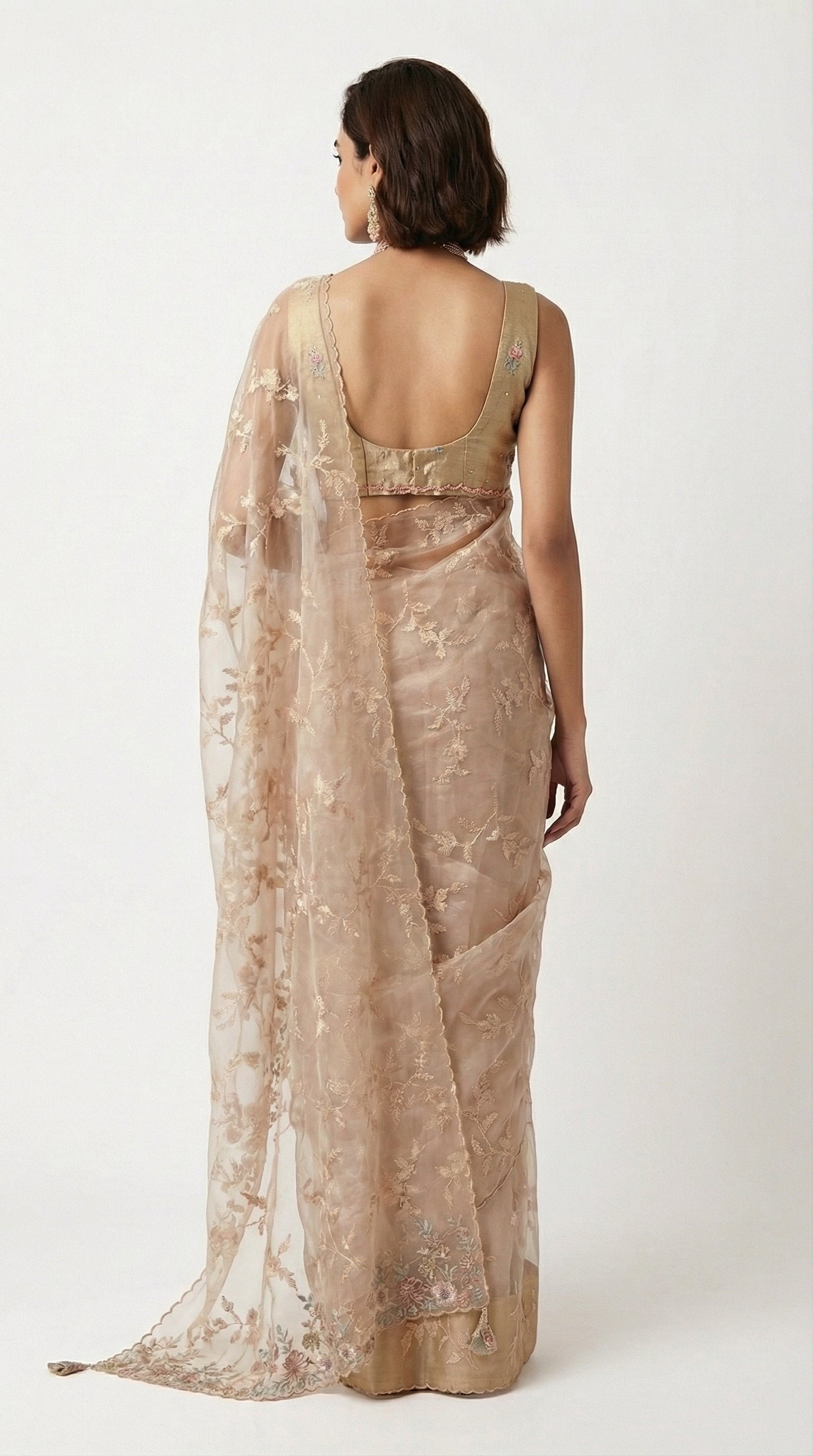 Champagne Gold Glass Tissue Saree with Scalloped Embroidered Borders