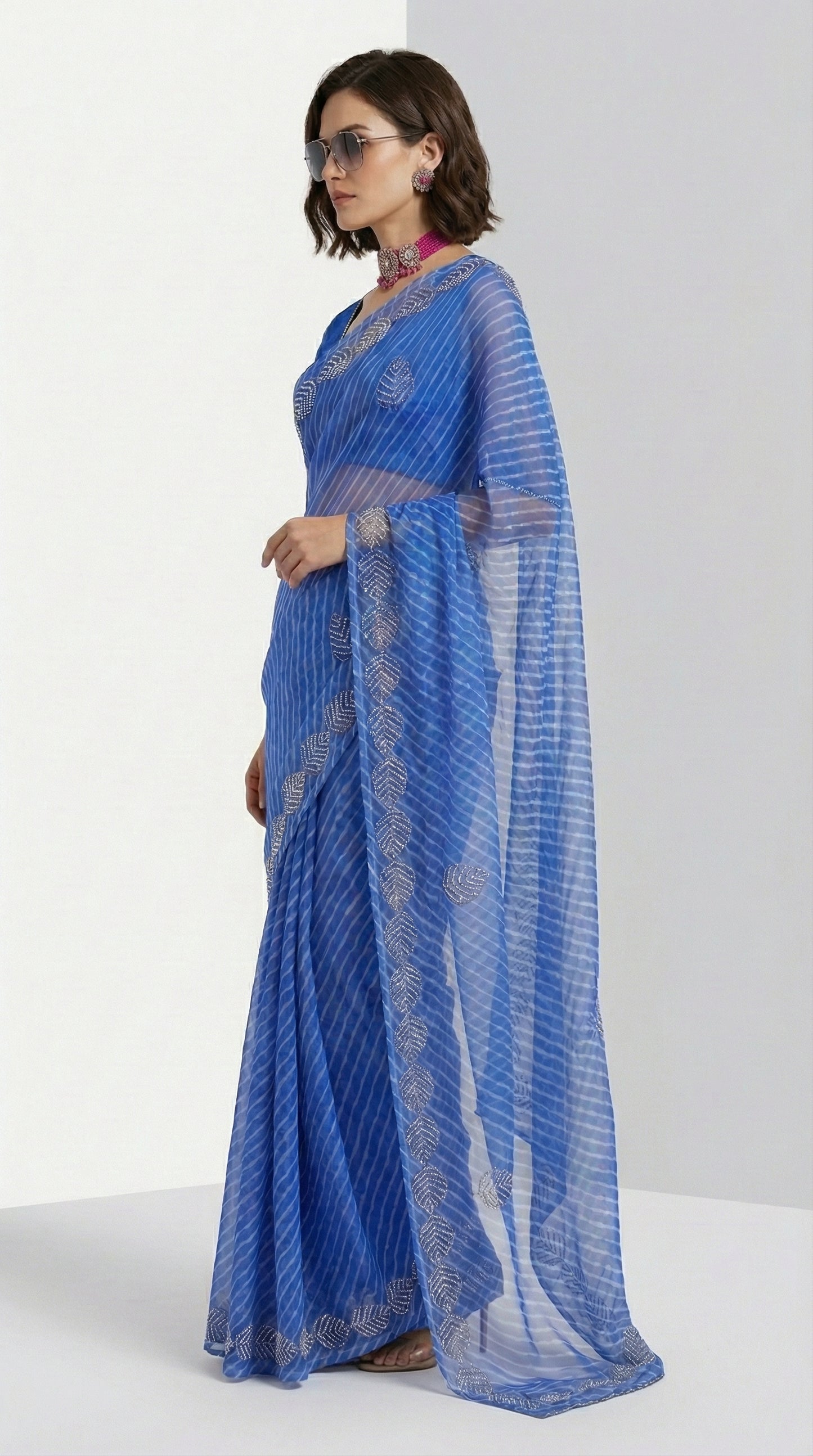 Royal Blue Sheer Organza Drape with Hand Embroidered Metallic Leaf Motifs