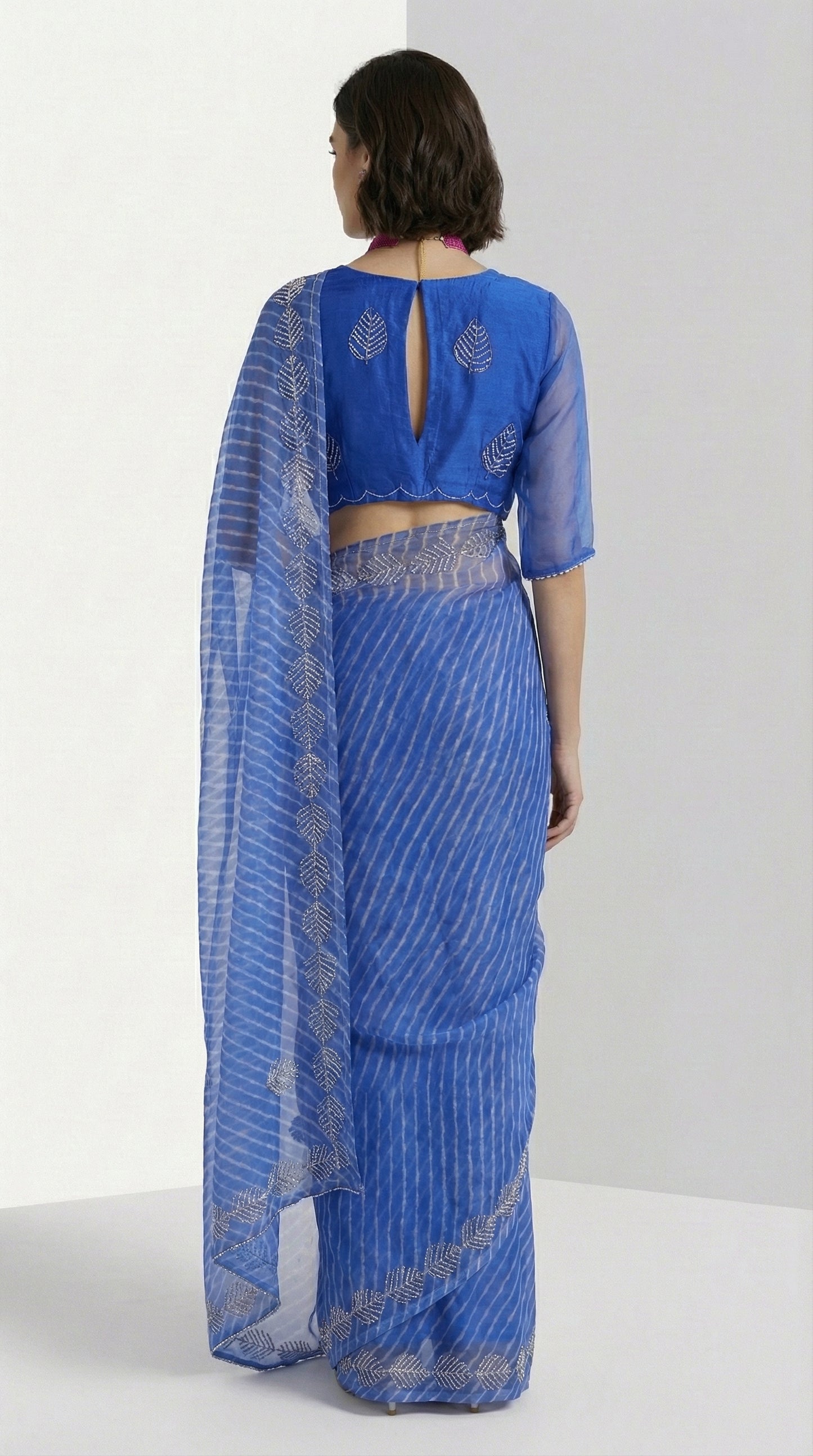 Royal Blue Sheer Organza Drape with Hand Embroidered Metallic Leaf Motifs
