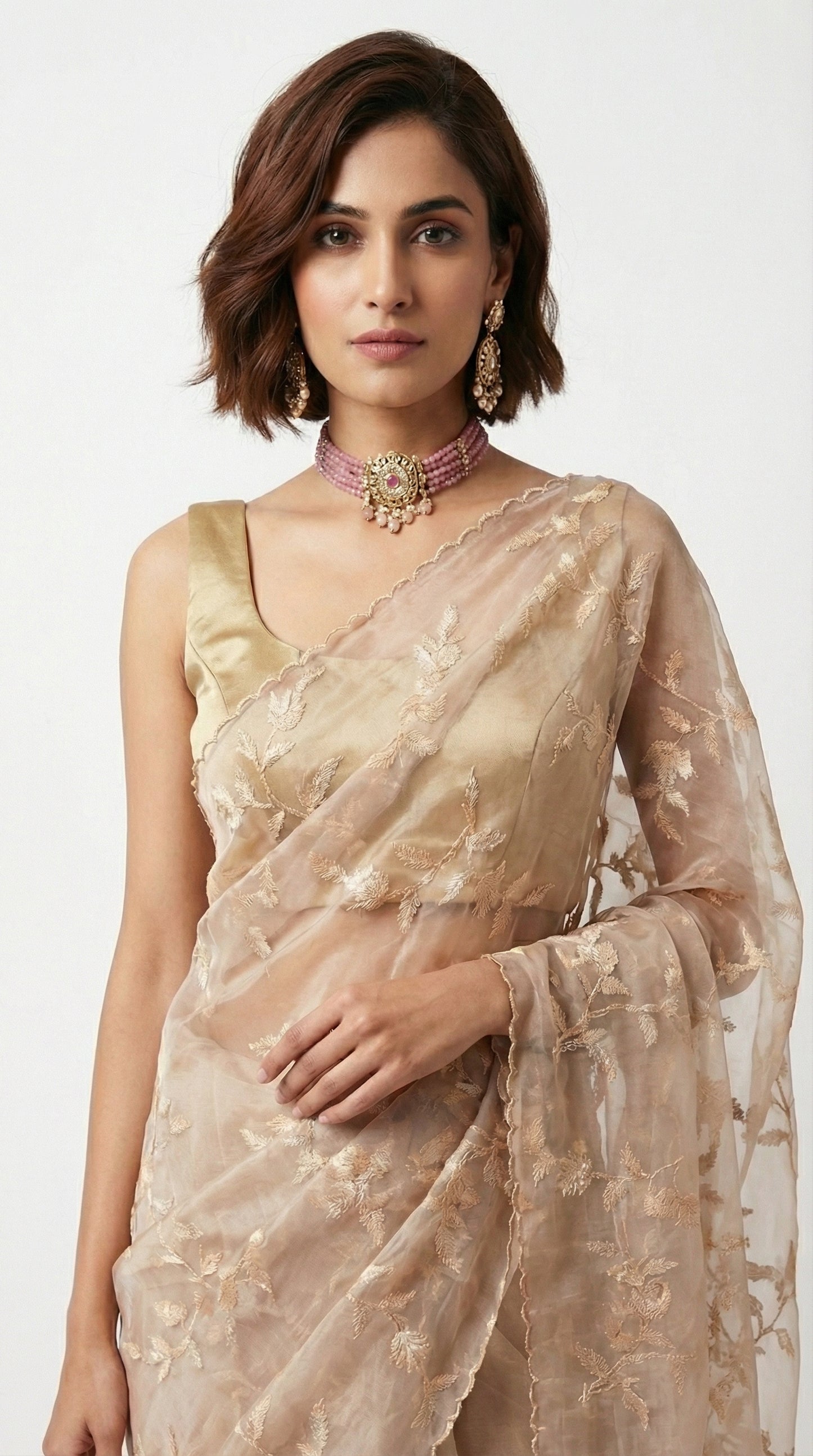 Champagne Gold Glass Tissue Saree with Scalloped Embroidered Borders