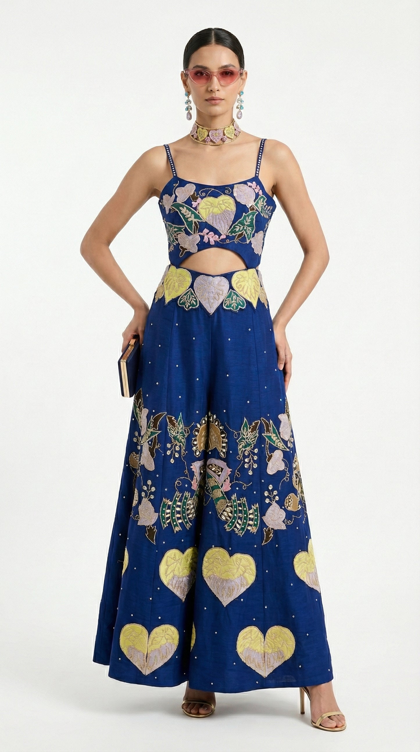 Azure Heart Hand-Embroidered Cut-Out Jumpsuit