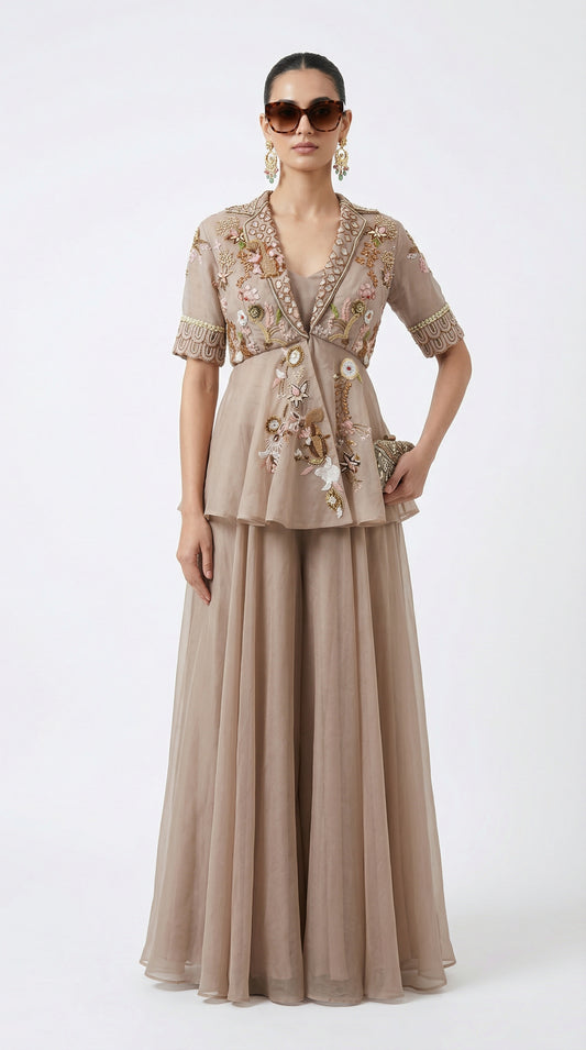 Desert Rose Embroidered Peplum Palazzo Set